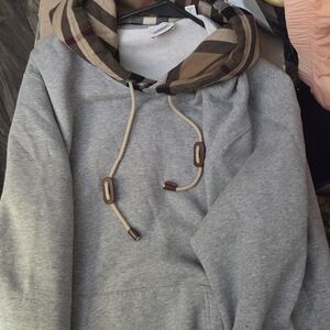 Burberry Gray Hoodie with Tan Plaid Accents